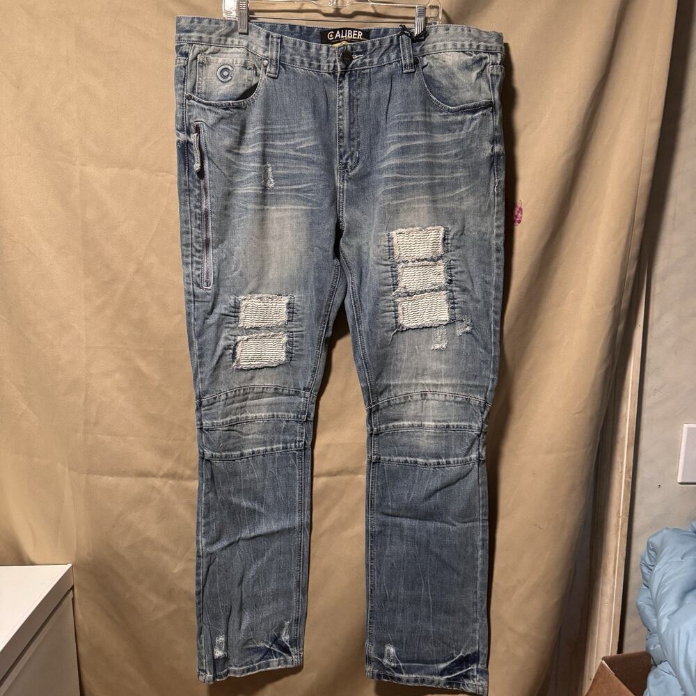 Caliber Men’s Jeans Relaxed Fit Straight Leg Ripped Zipper Pocket 42x34